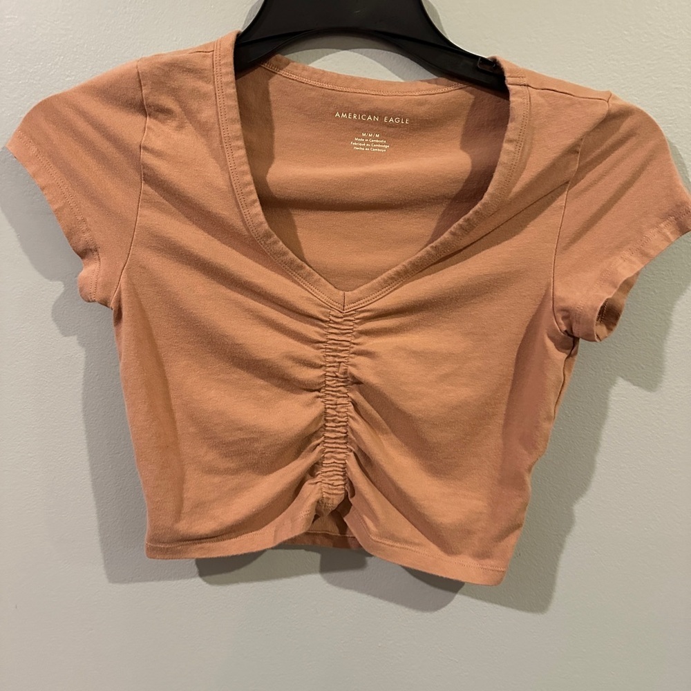 American Eagle Ruched Front Cropped Tee Tan Nude Size Medium